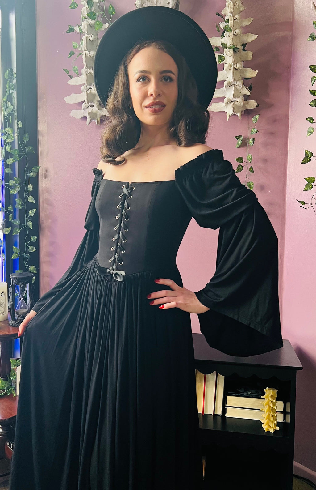 Lilith - Dark Cottage Goth Lace Up Jersey Dress