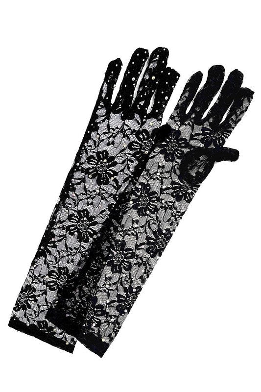 Floral Lace Rhinestone Below-Elbow Gloves