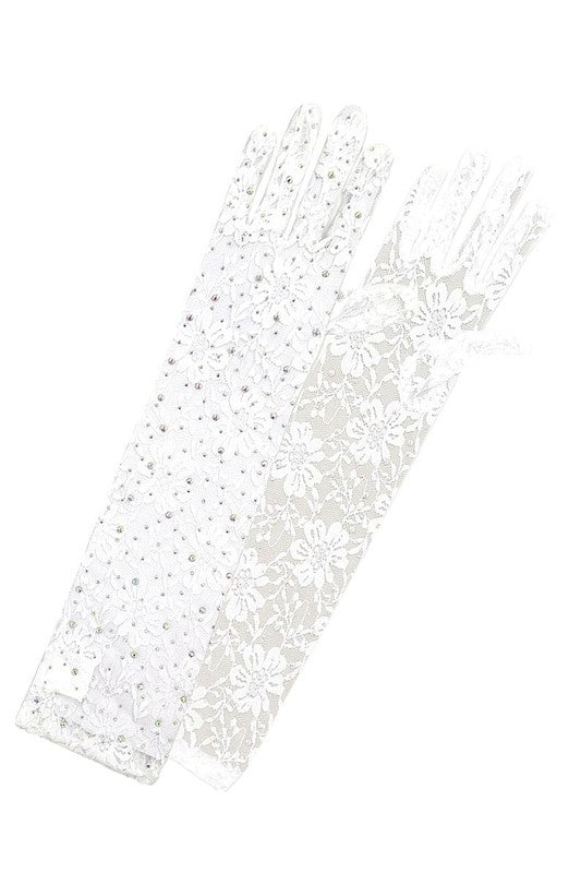 Floral Lace Rhinestone Below-Elbow Gloves
