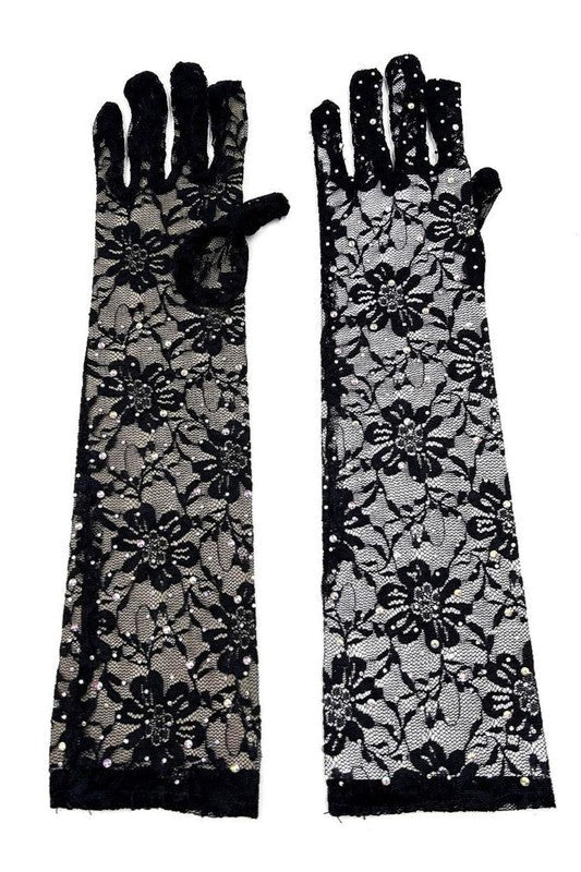 Floral Lace Rhinestone Below-Elbow Gloves