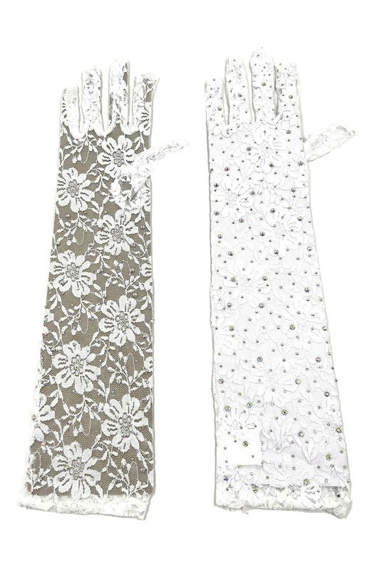 Floral Lace Rhinestone Below-Elbow Gloves
