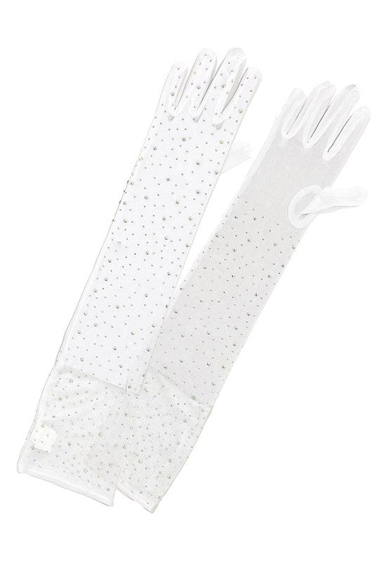 Mesh Classic Satin Rhinestone Below Elbow Gloves