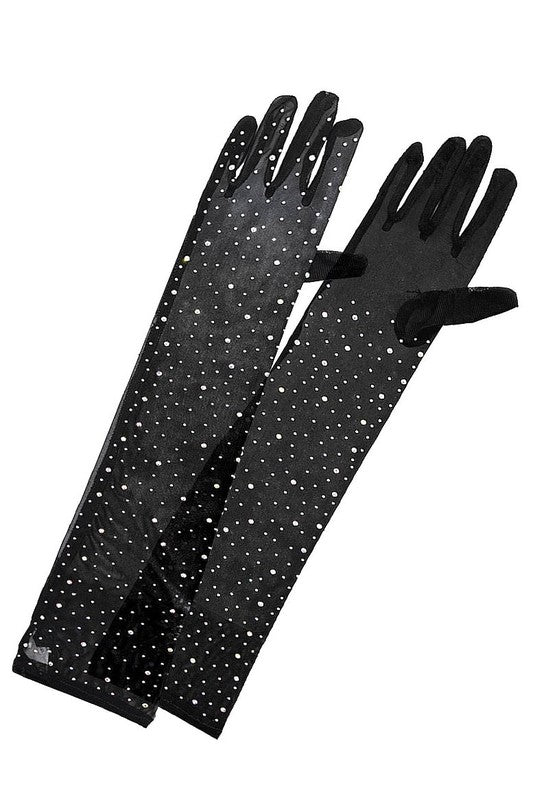 Mesh Classic Satin Rhinestone Below Elbow Gloves