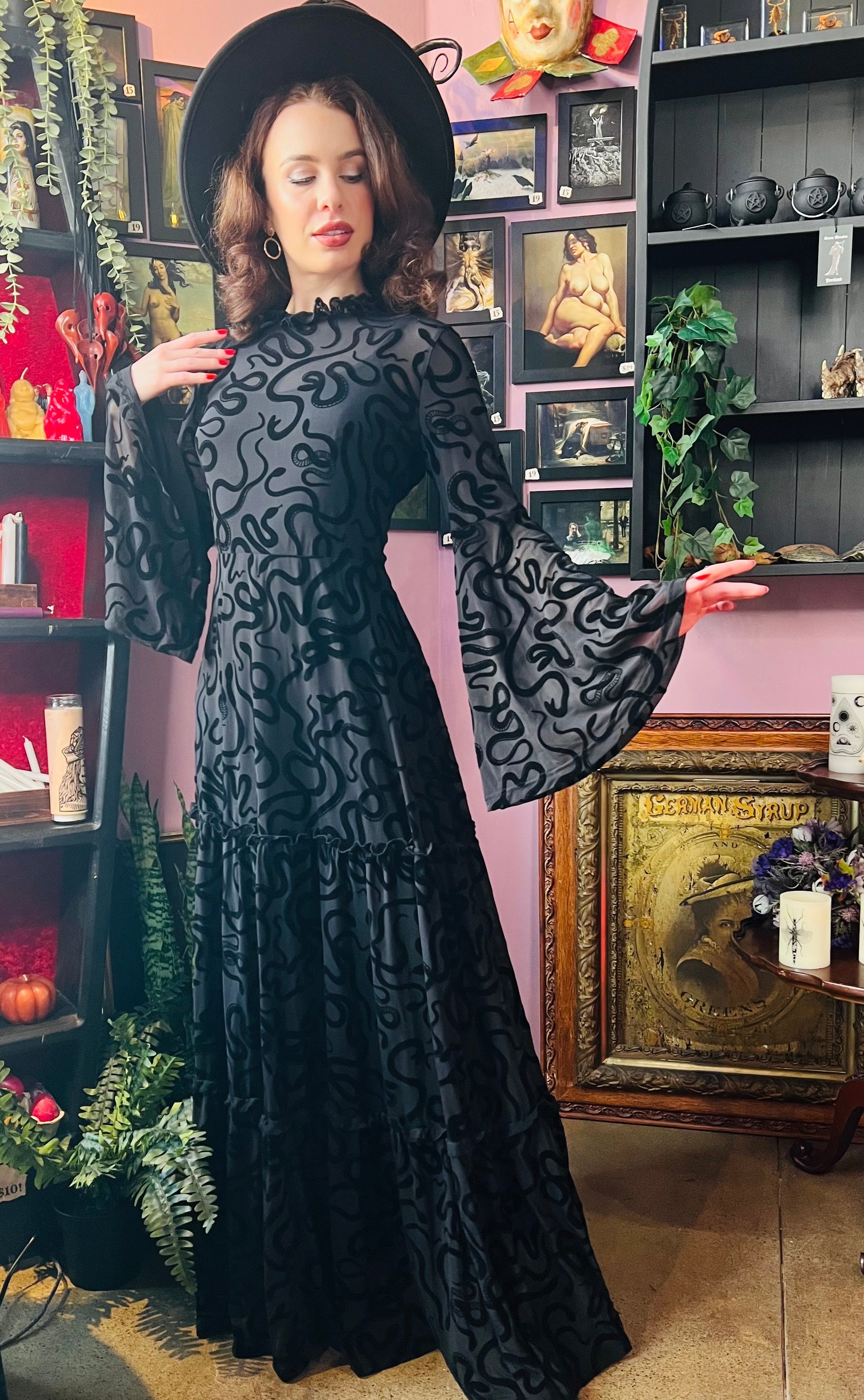 Sloane - Velvet Flocked Snake Maxi Dress with Bell Sleeves