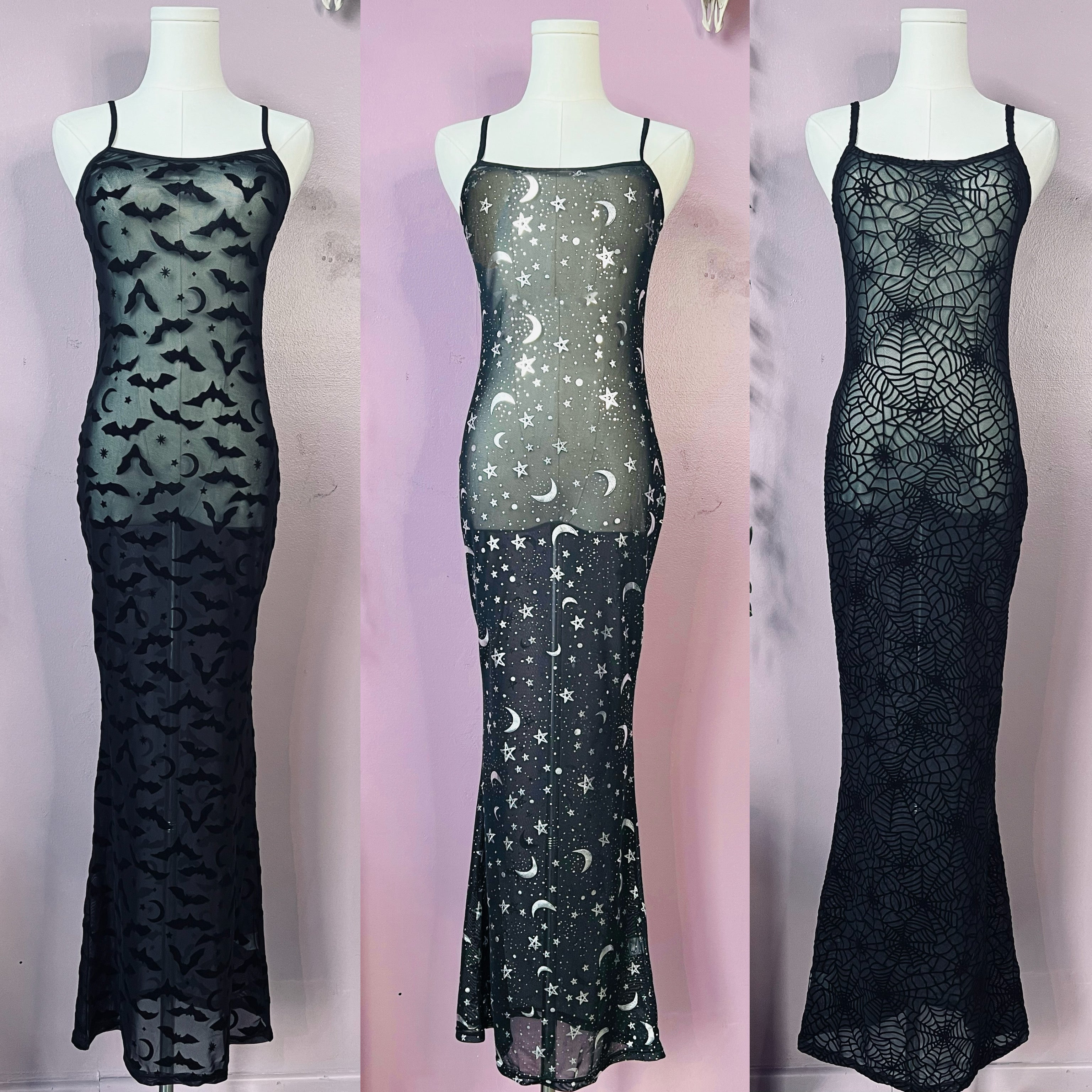 Sheer Hourglass Maxi Dress - Velvet Flocked Spider Webs