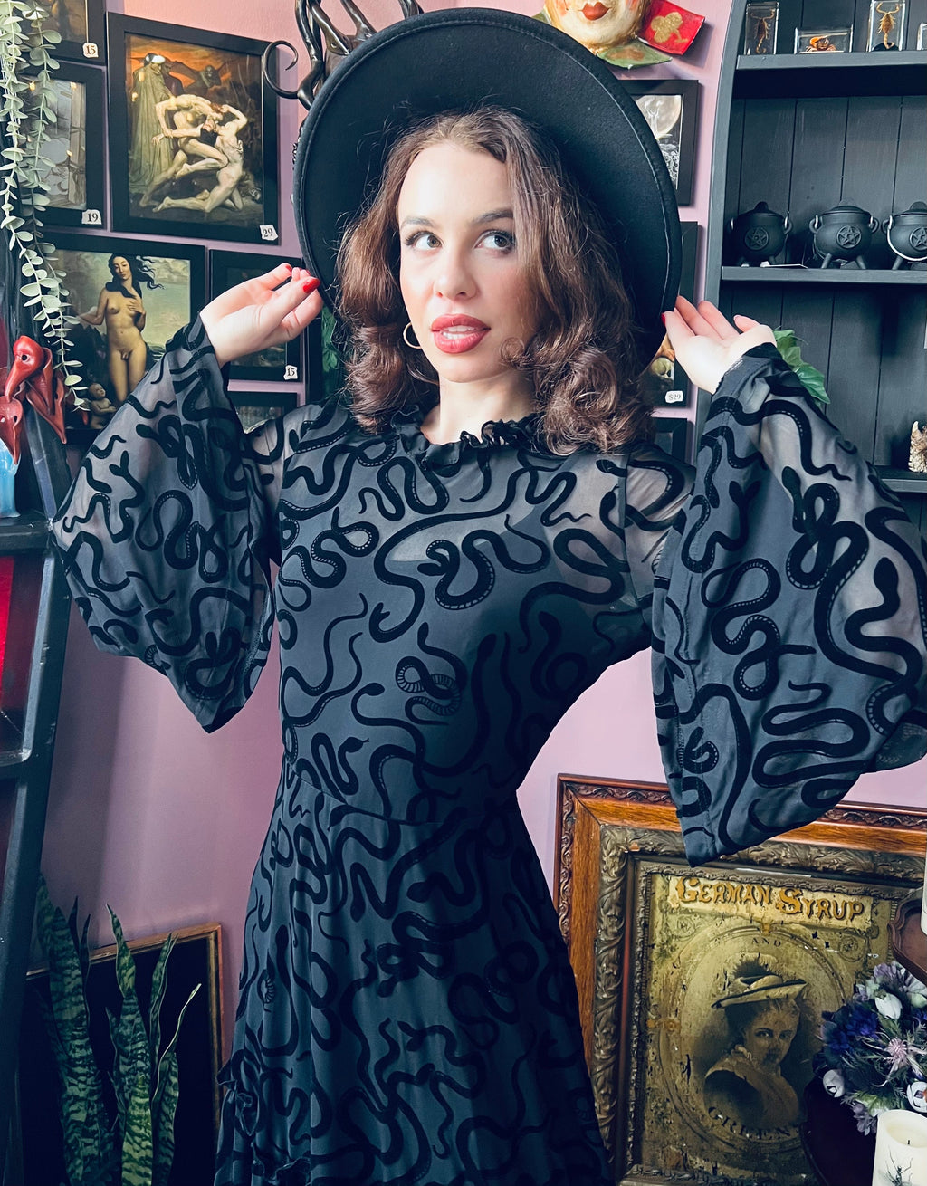 Sloane - Velvet Flocked Snake Maxi Dress with Bell Sleeves