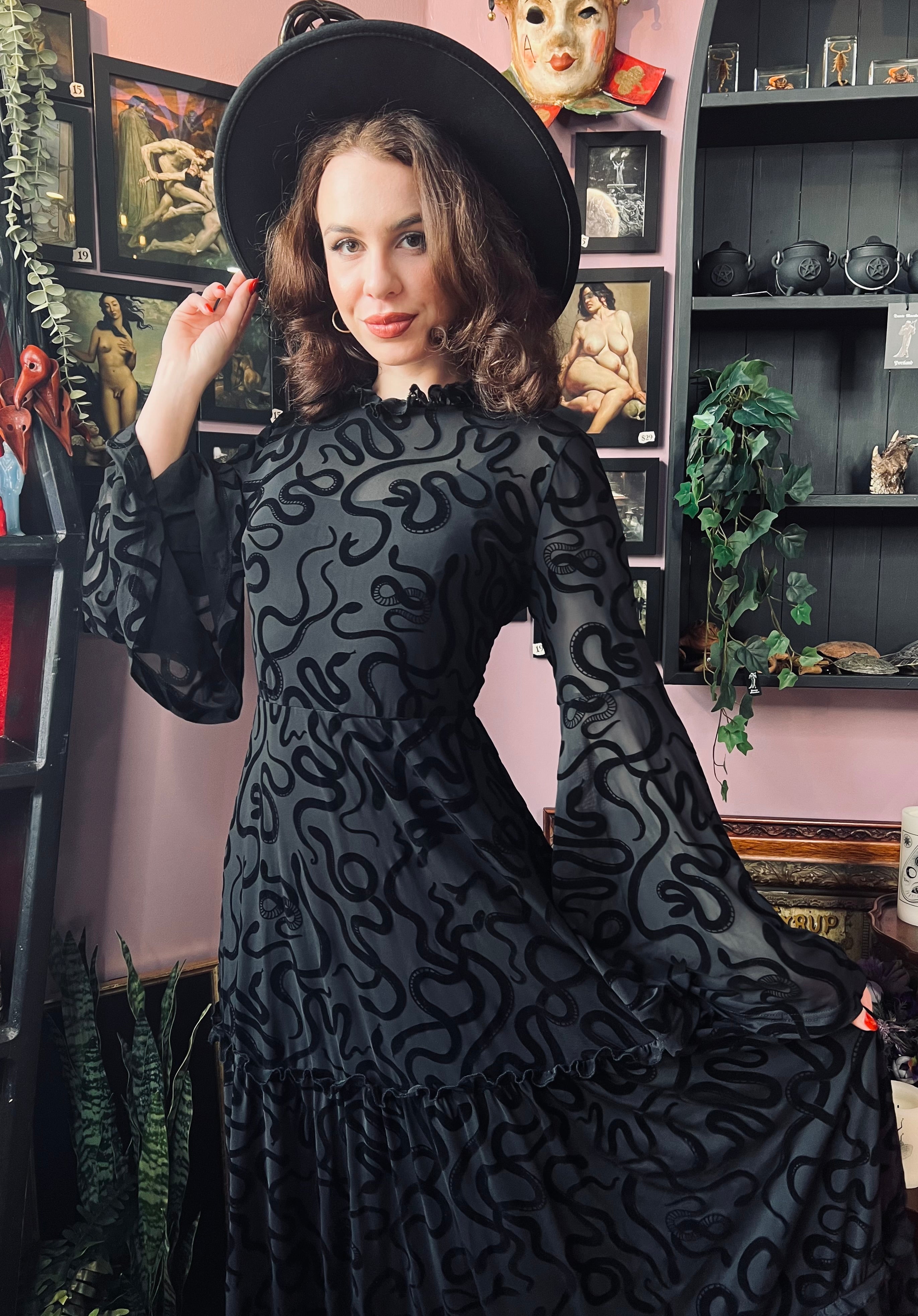 Sloane - Velvet Flocked Snake Maxi Dress with Bell Sleeves