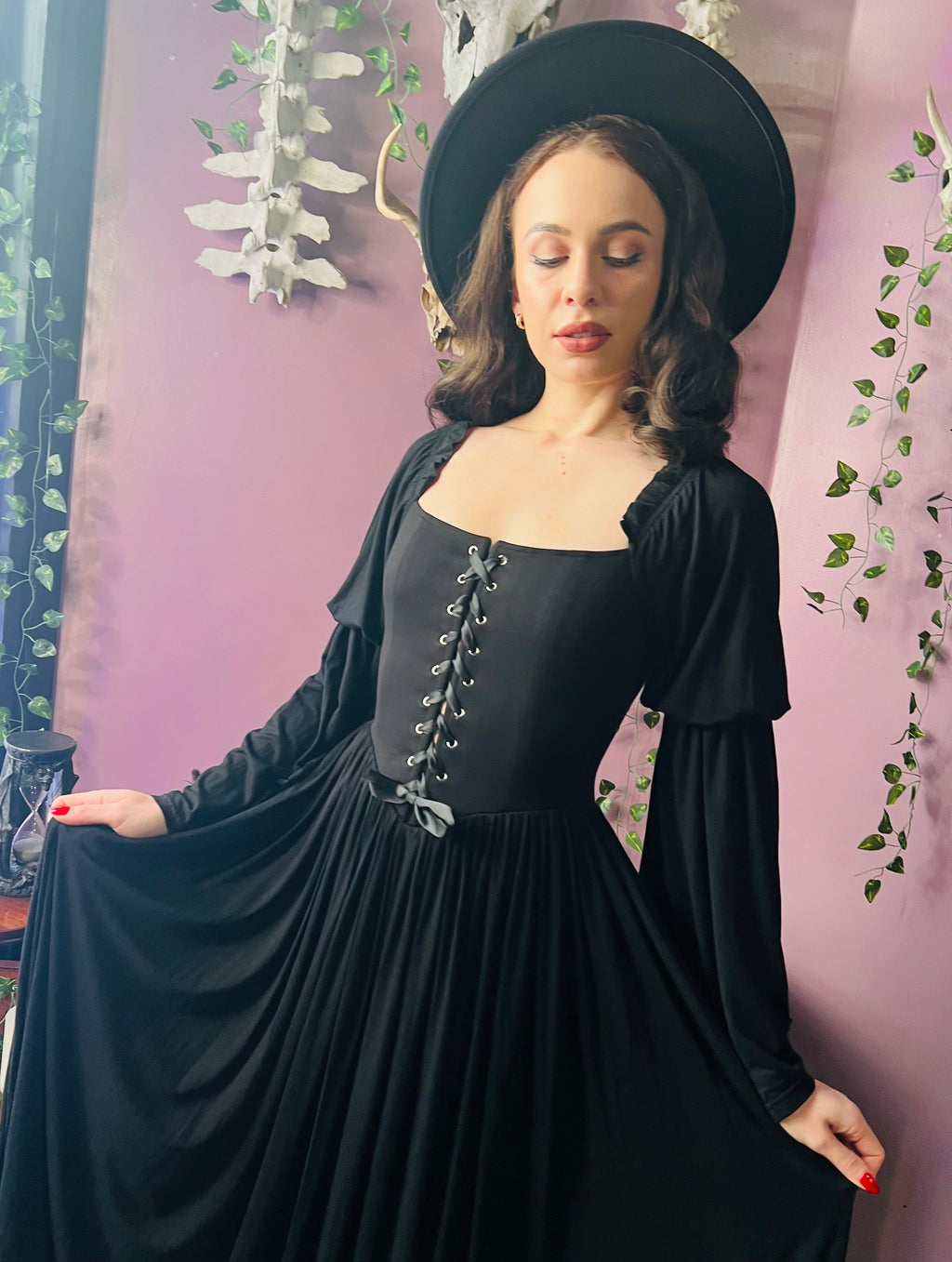 Lilith - Dark Cottage Goth Lace Up Jersey Dress