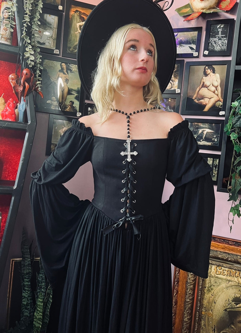 Lilith - Dark Cottage Goth Lace Up Jersey Dress