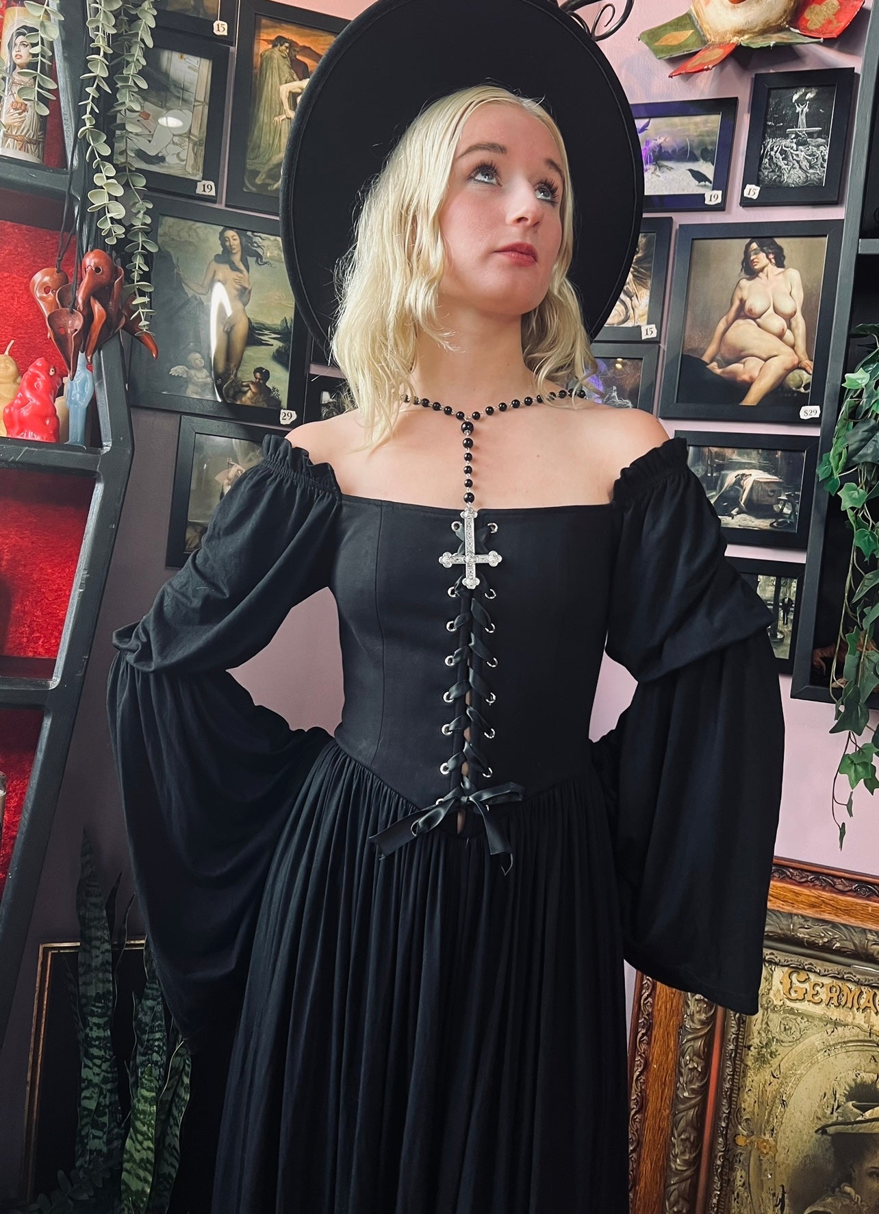 Lilith - Dark Cottage Goth Lace Up Jersey Dress