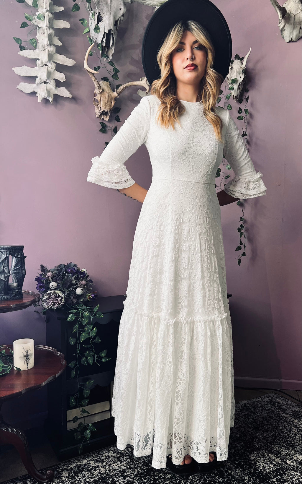 Mina - Ivory Floral Lace Bride of the Vampire Maxi Dress