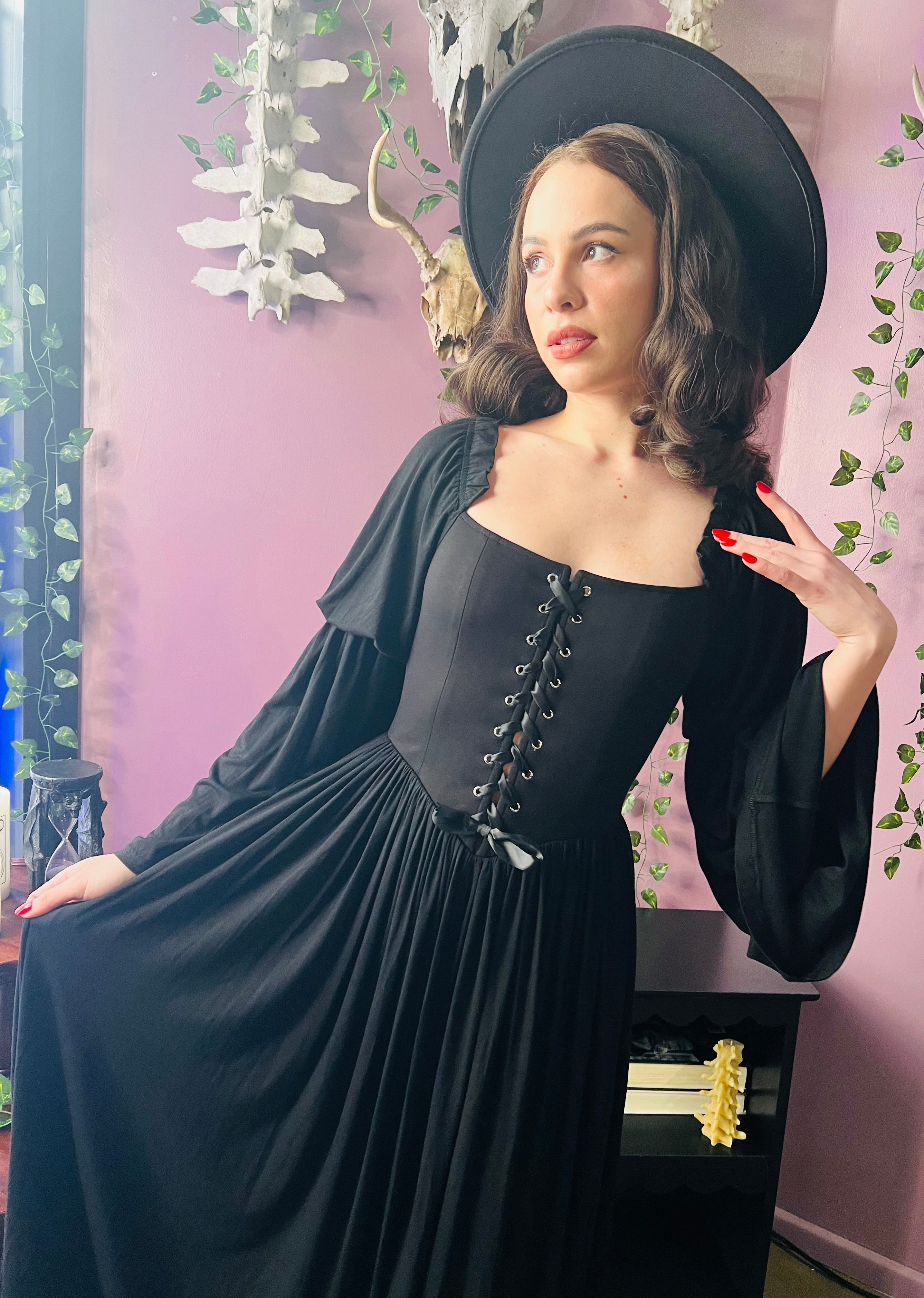 Lilith - Dark Cottage Goth Lace Up Jersey Dress