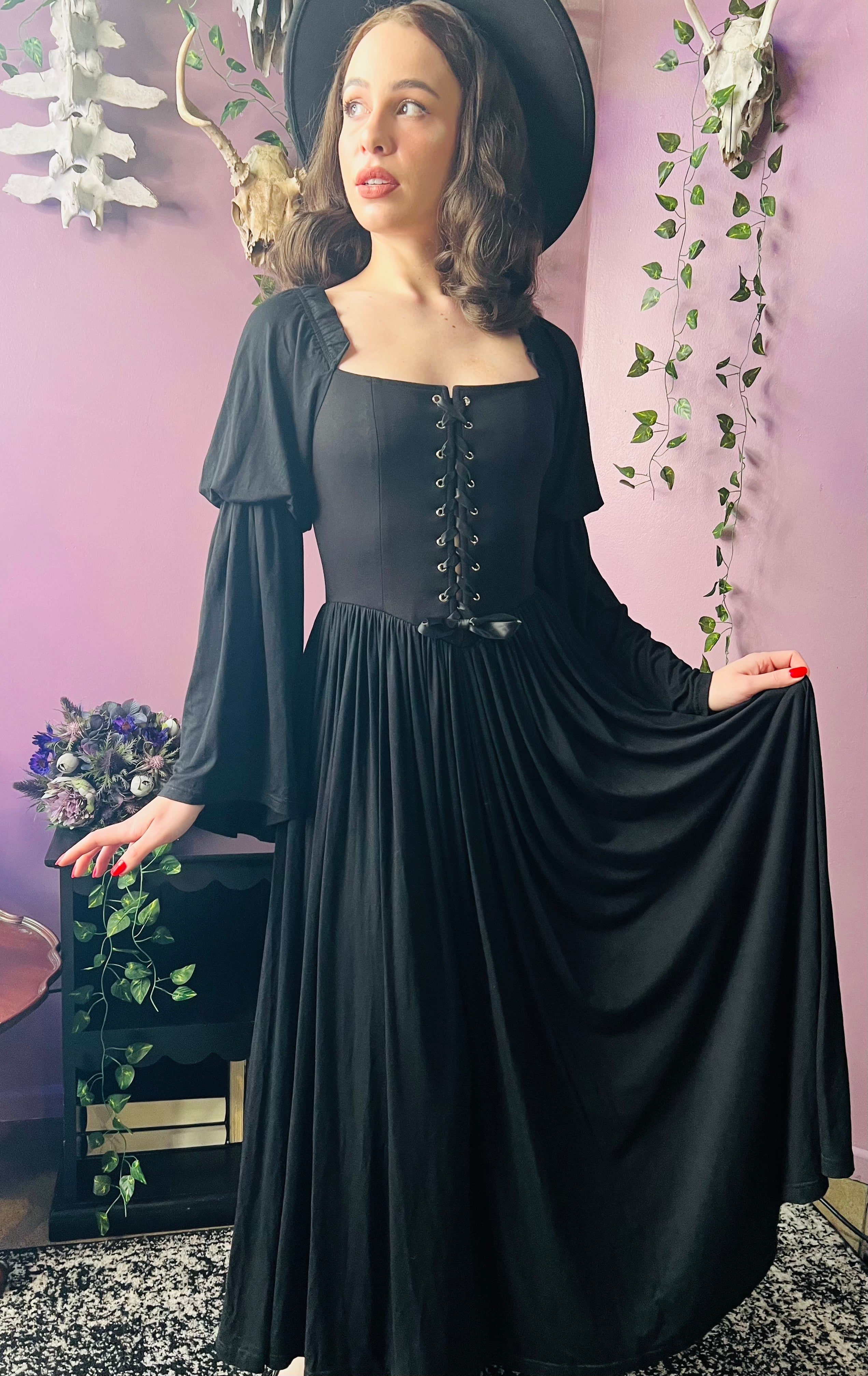 Lilith - Dark Cottage Goth Lace Up Jersey Dress