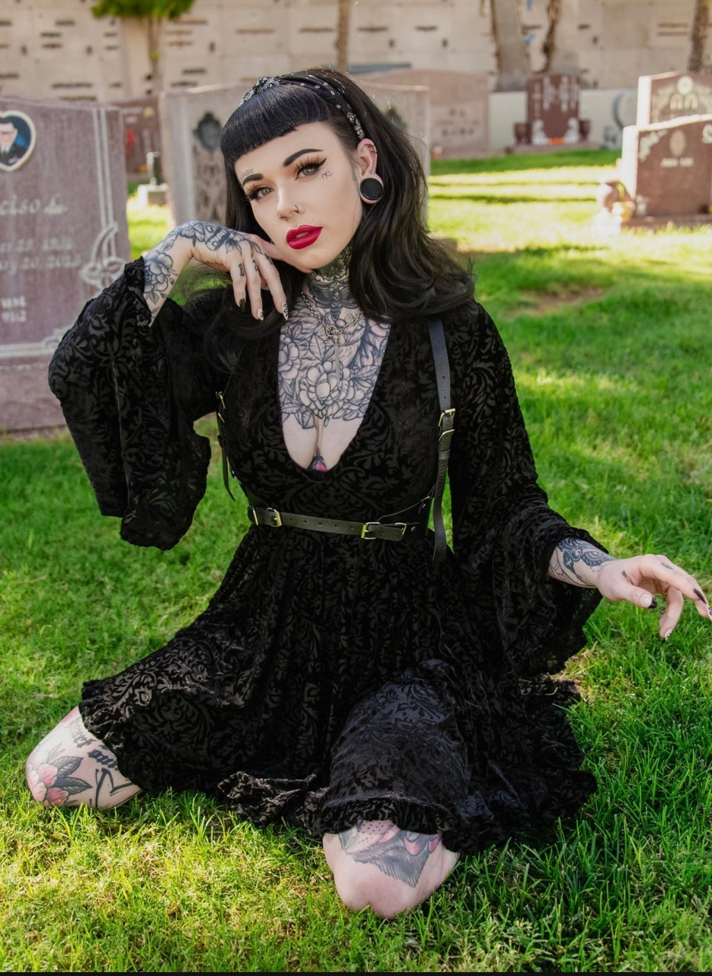 Nyx - Bell Sleeved Velvet Damask Dress with Harness