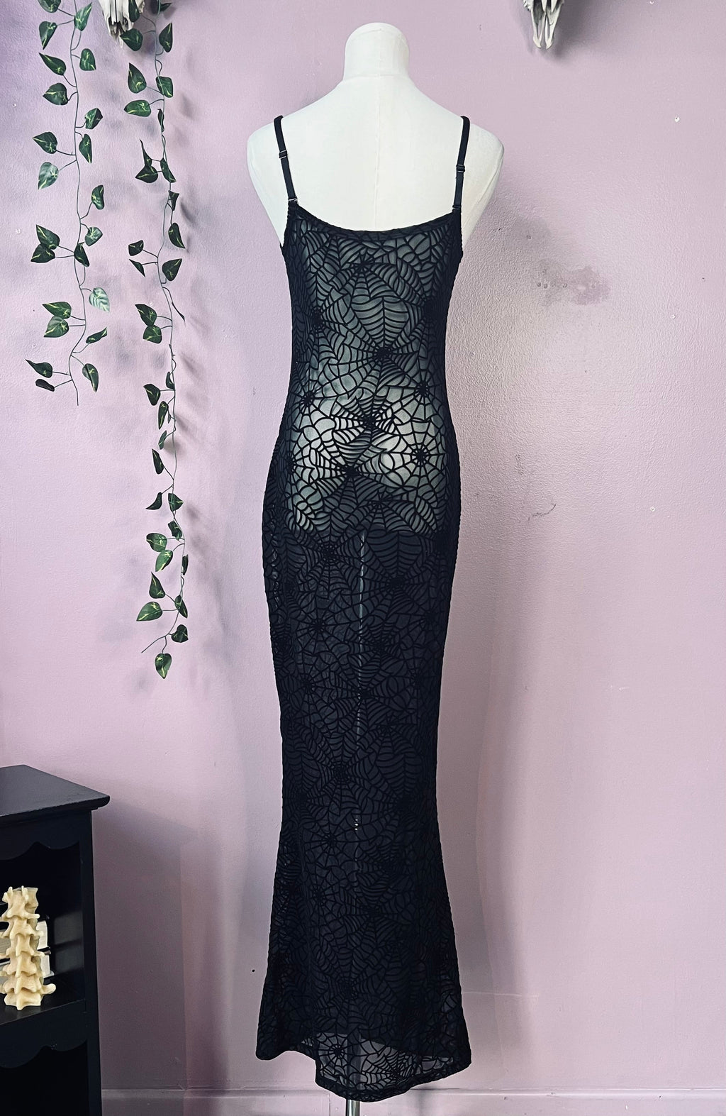Sheer Hourglass Maxi Dress - Velvet Flocked Spider Webs