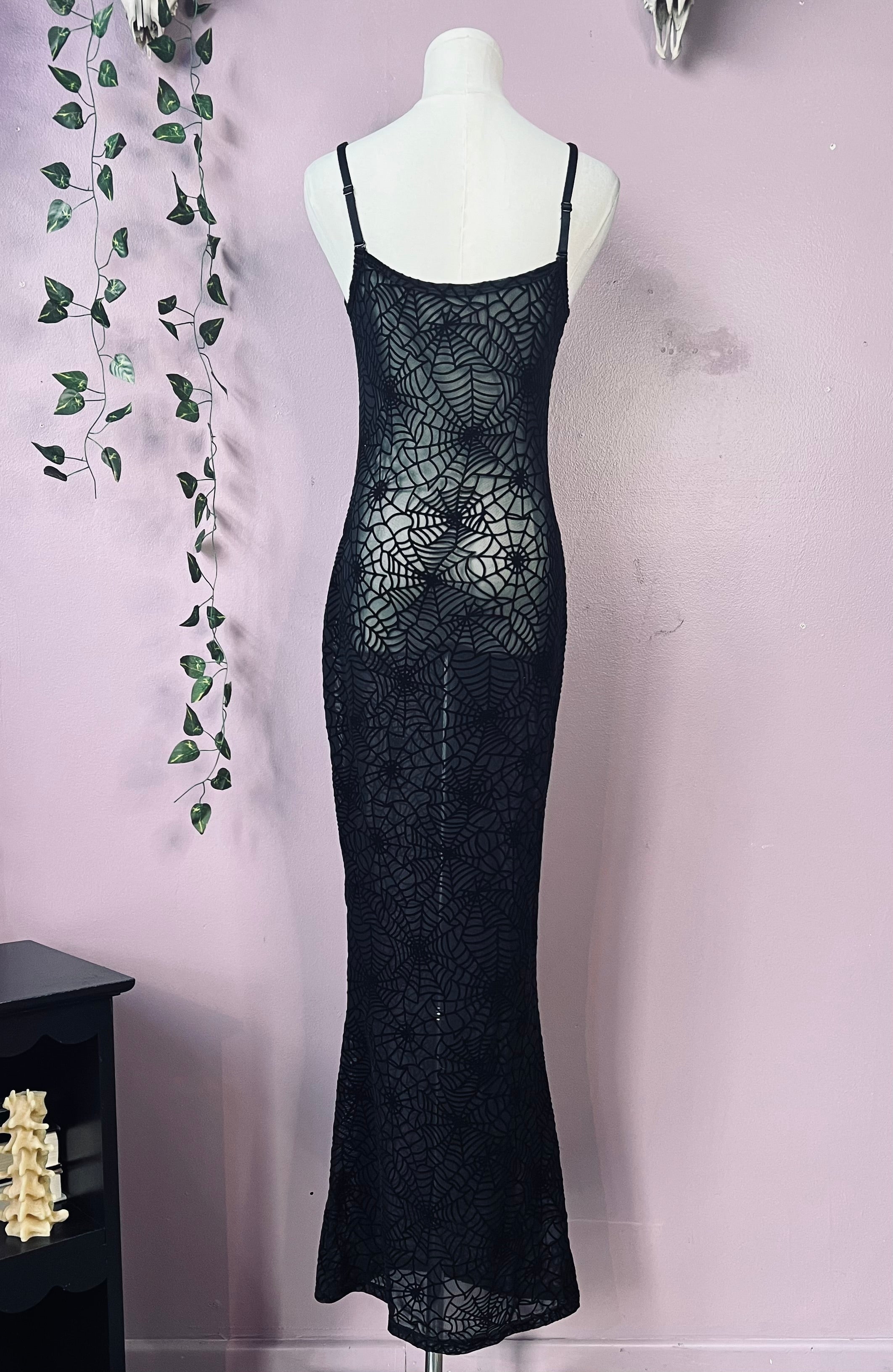 Sheer Hourglass Maxi Dress - Velvet Flocked Spider Webs