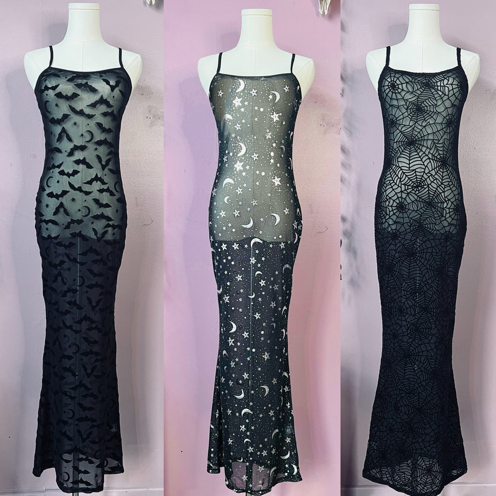 Sheer Hourglass Maxi Dress - Velvet Flocked Bats