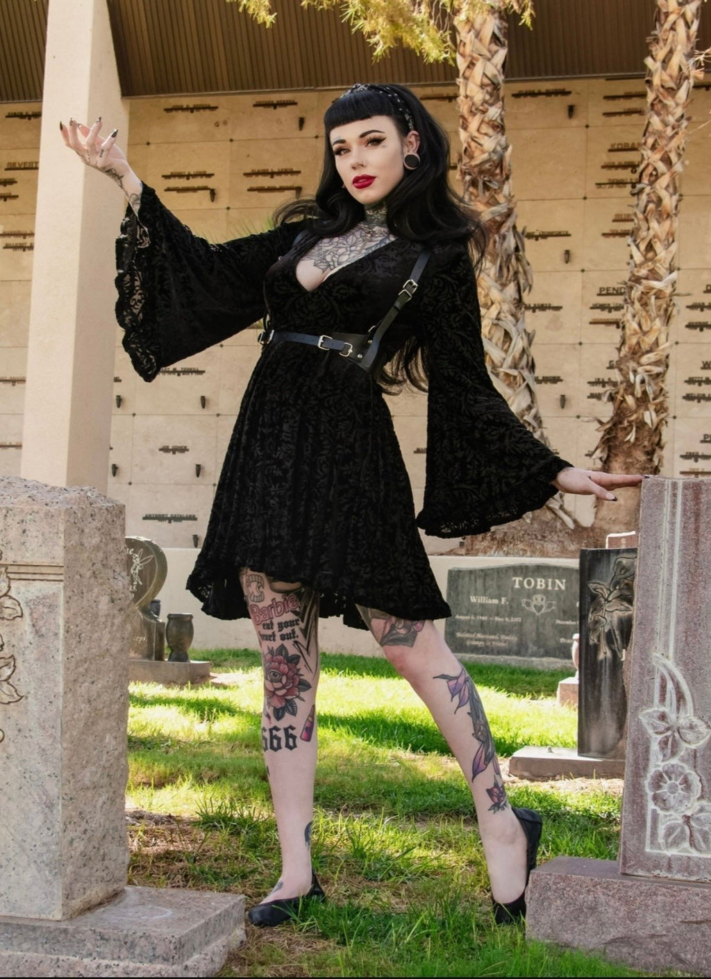 Nyx - Bell Sleeved Velvet Damask Dress with Harness