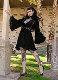 Nyx - Bell Sleeved Velvet Damask Dress with Harness