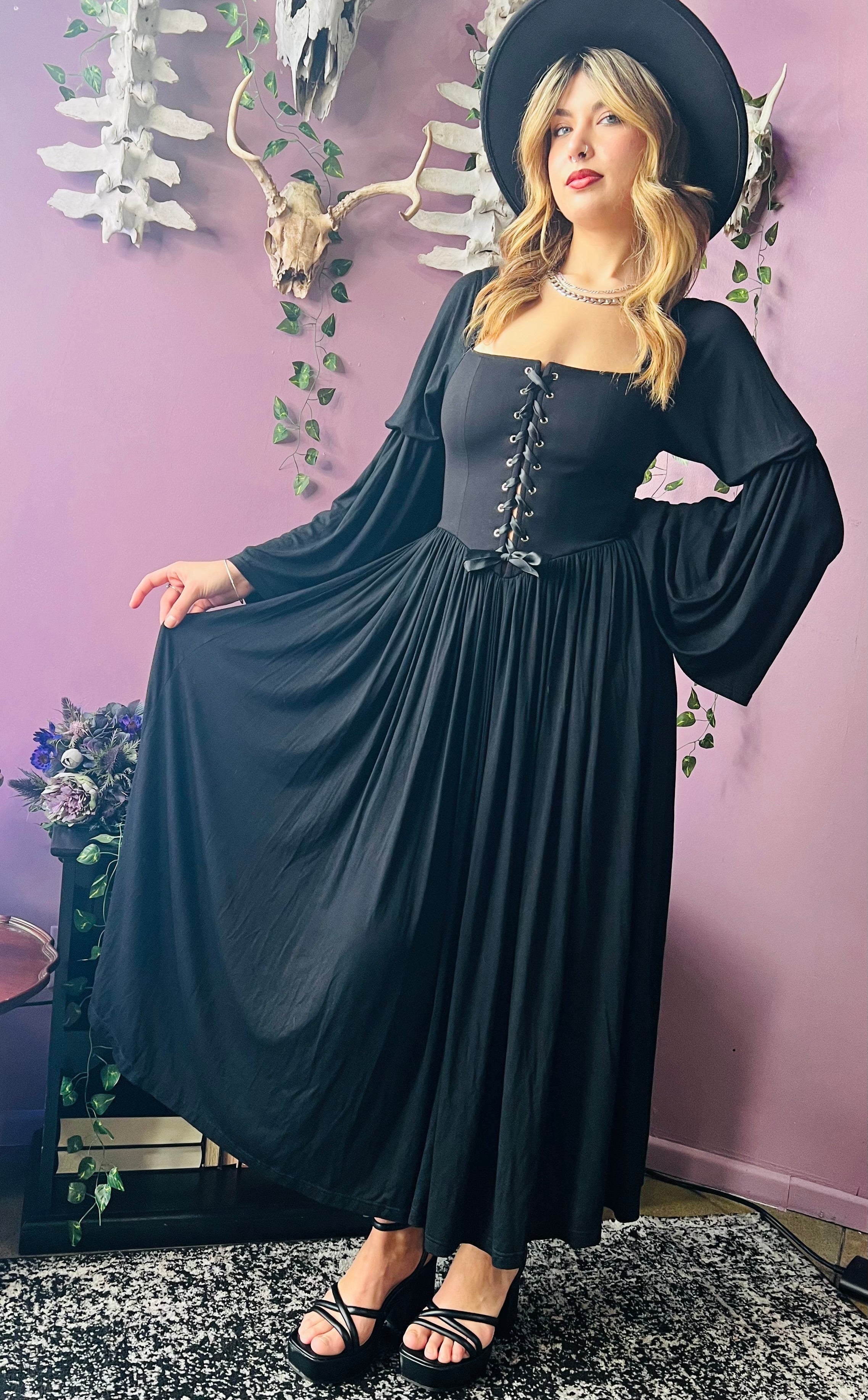 Lilith - Dark Cottage Goth Lace Up Jersey Dress
