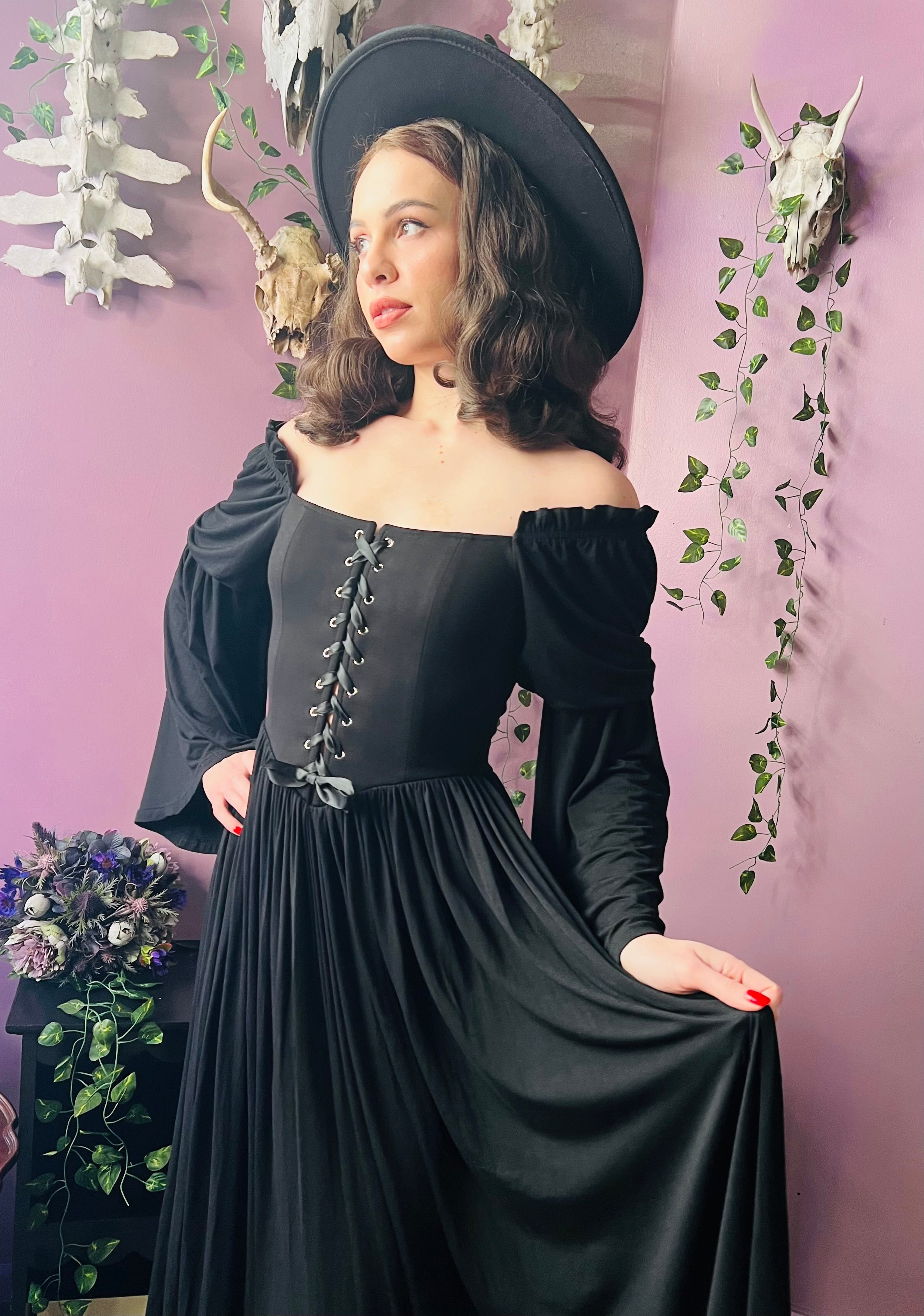 Lilith - Dark Cottage Goth Lace Up Jersey Dress