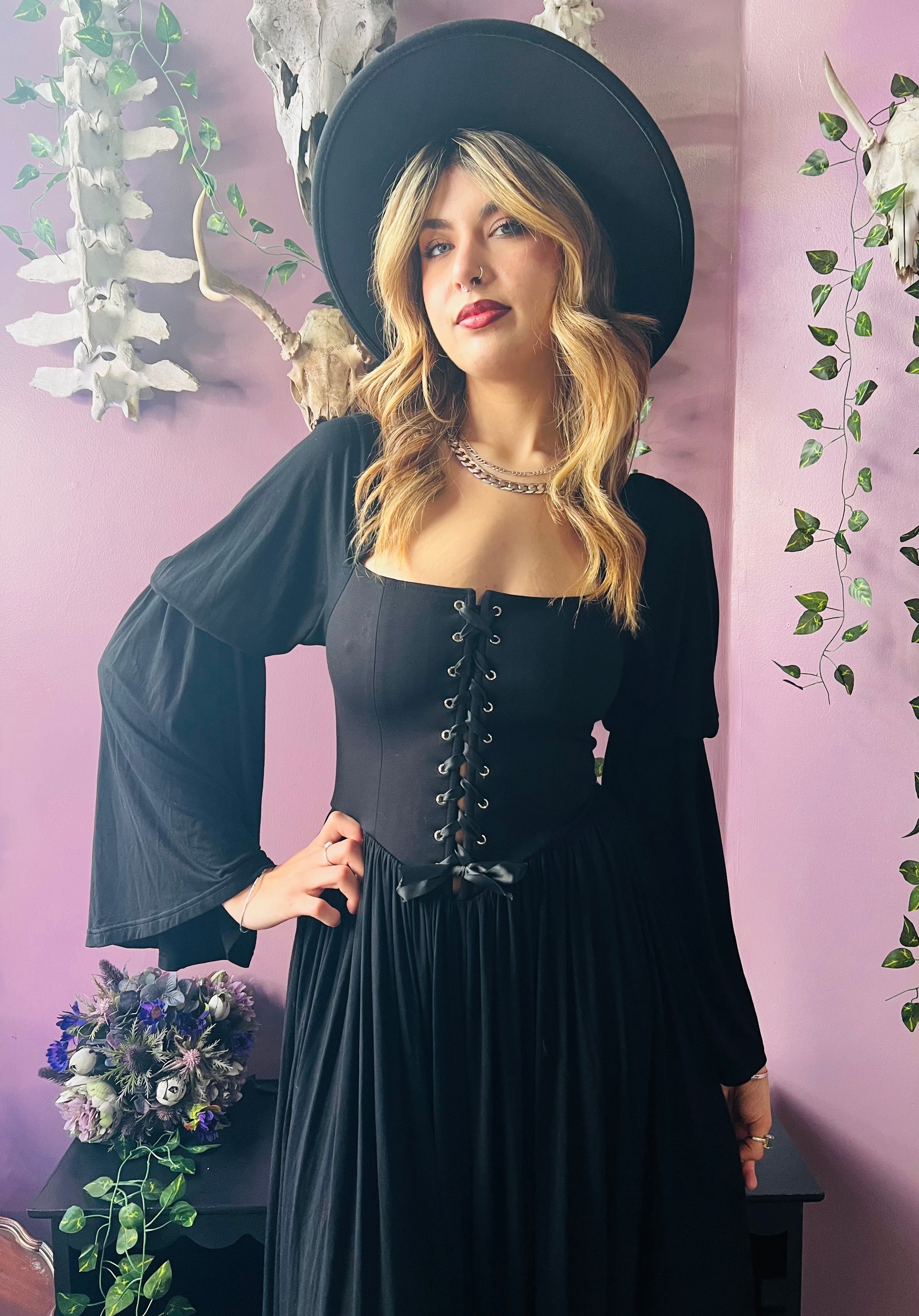 Lilith - Dark Cottage Goth Lace Up Jersey Dress