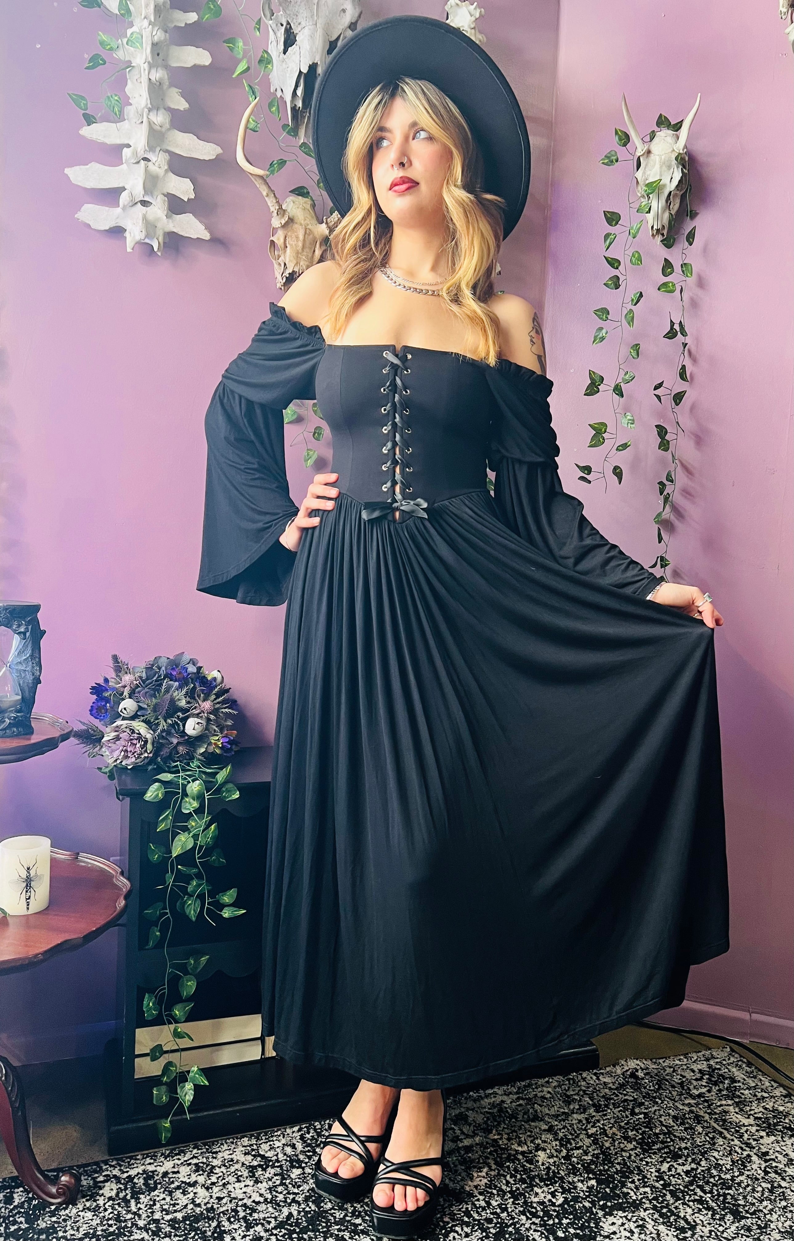 Lilith - Dark Cottage Goth Lace Up Jersey Dress