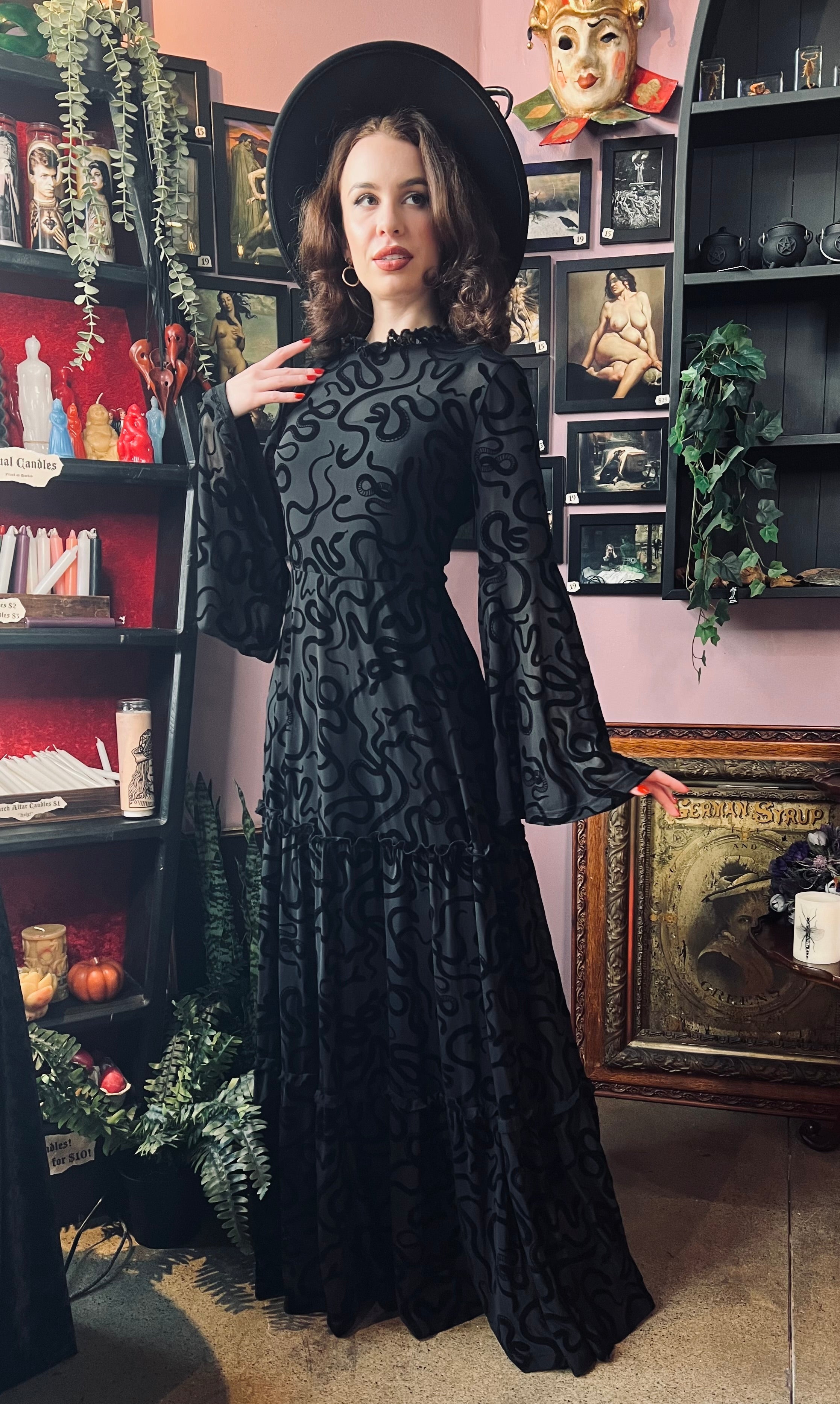 Sloane - Velvet Flocked Snake Maxi Dress with Bell Sleeves