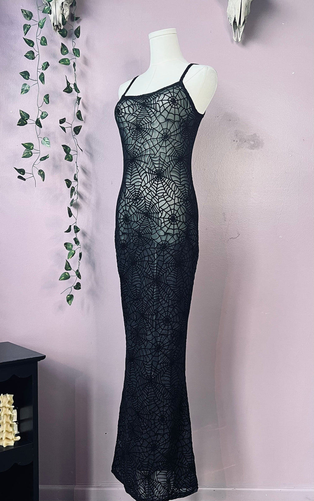 Sheer Hourglass Maxi Dress - Velvet Flocked Spider Webs