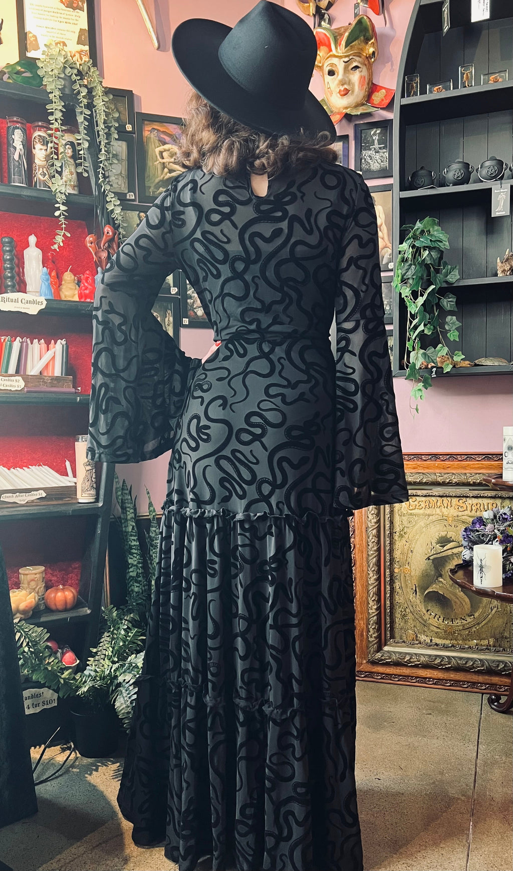 Sloane - Velvet Flocked Snake Maxi Dress with Bell Sleeves