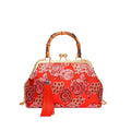 Red Embroidered Floral Print Bamboo Handle Purse