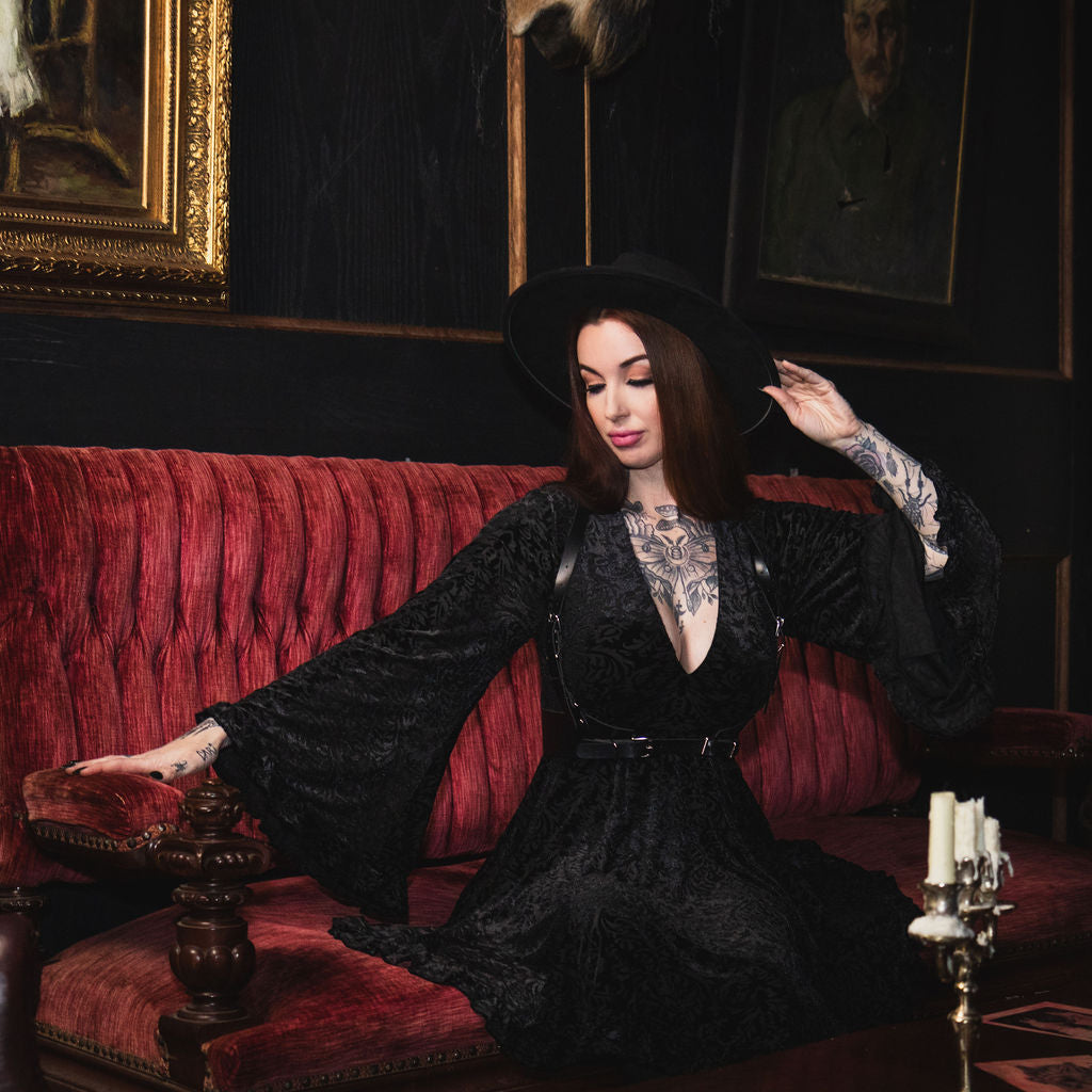 Nyx - Bell Sleeved Velvet Damask Dress with Harness