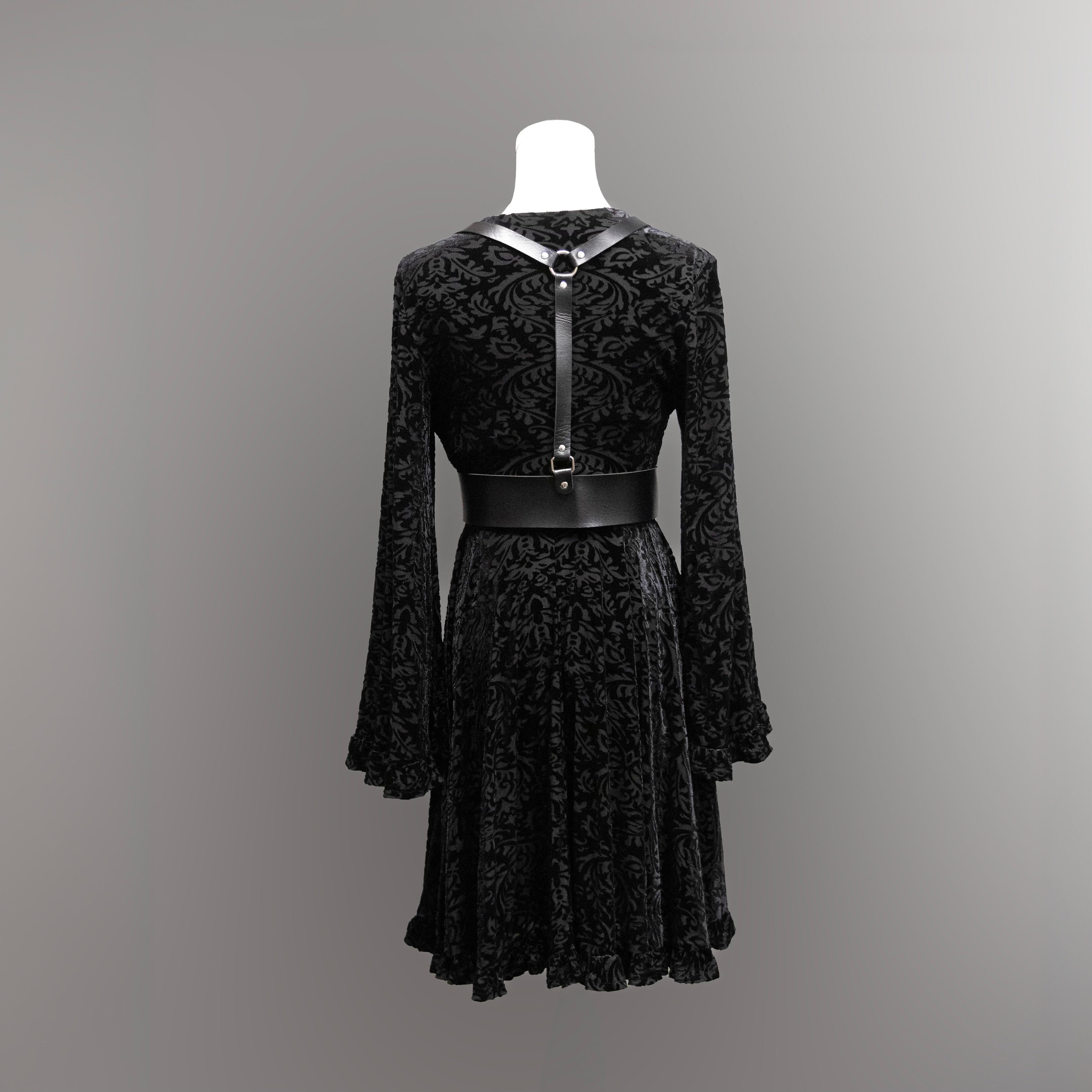 Nyx - Bell Sleeved Velvet Damask Dress with Harness