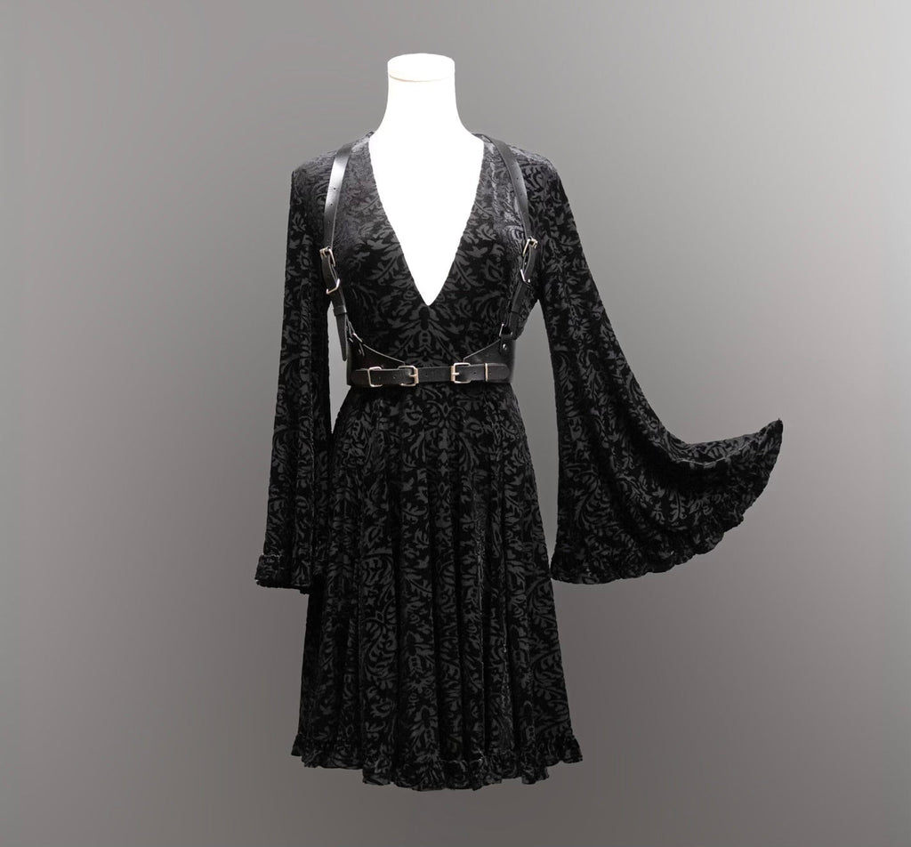 Nyx - Bell Sleeved Velvet Damask Dress with Harness