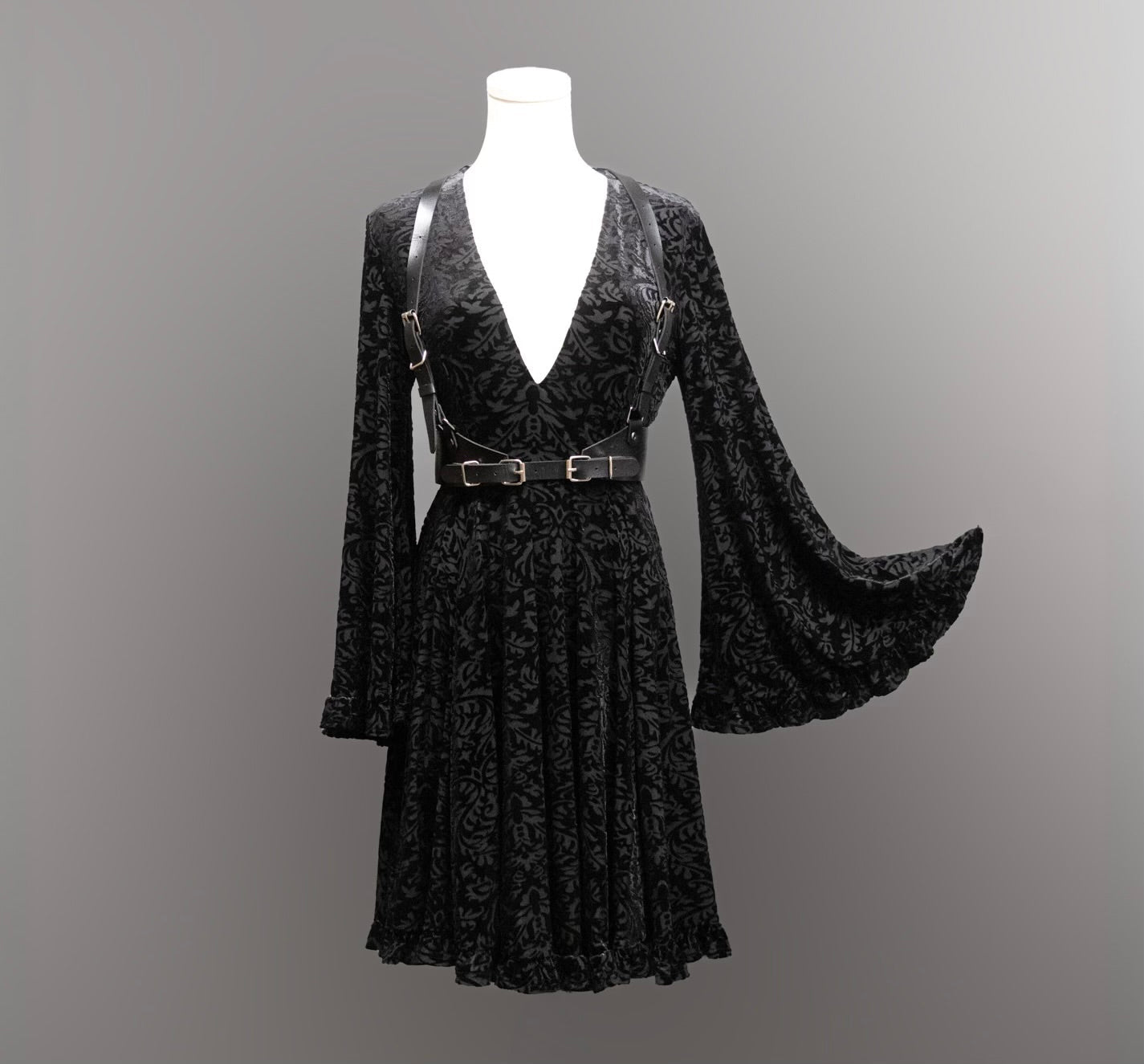 Nyx - Bell Sleeved Velvet Damask Dress with Harness