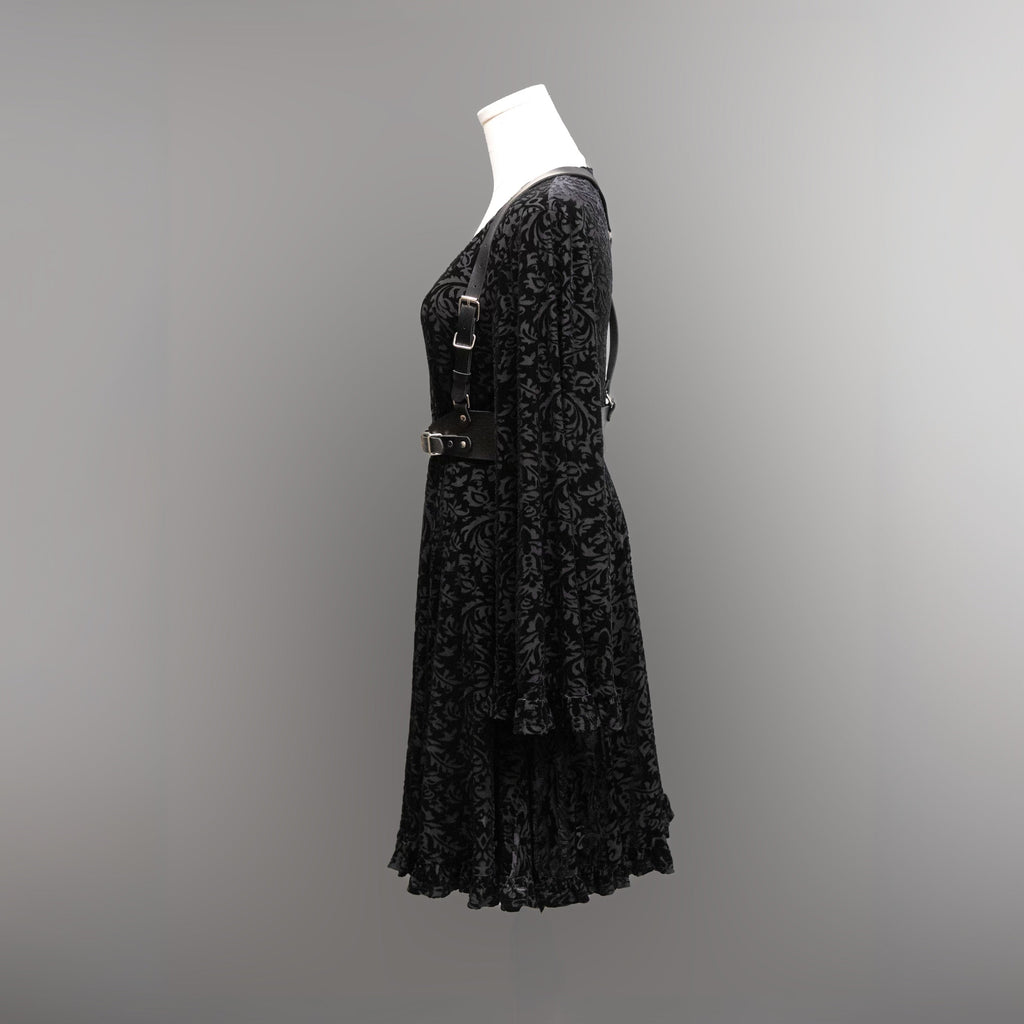 Nyx - Bell Sleeved Velvet Damask Dress with Harness