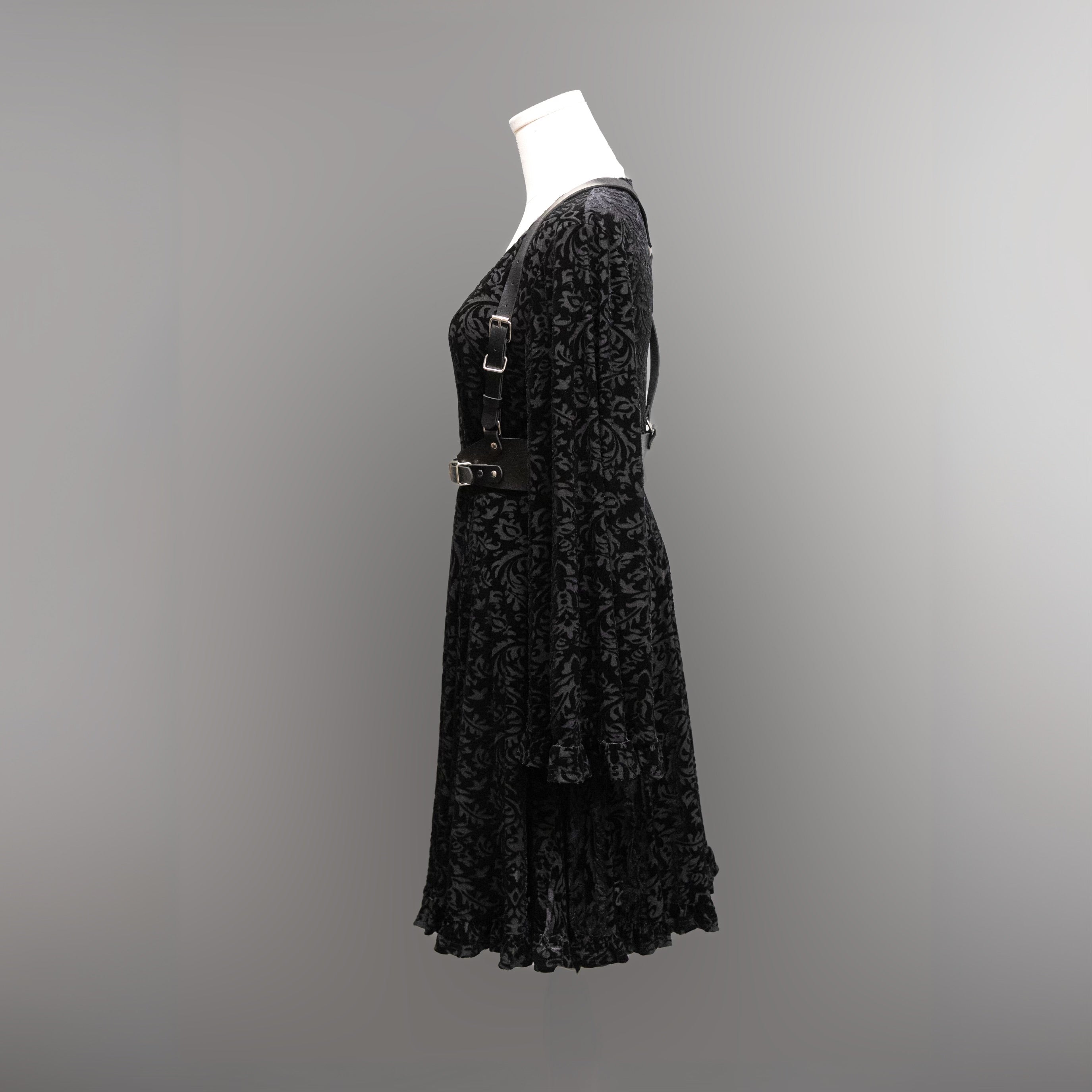 Nyx - Bell Sleeved Velvet Damask Dress with Harness