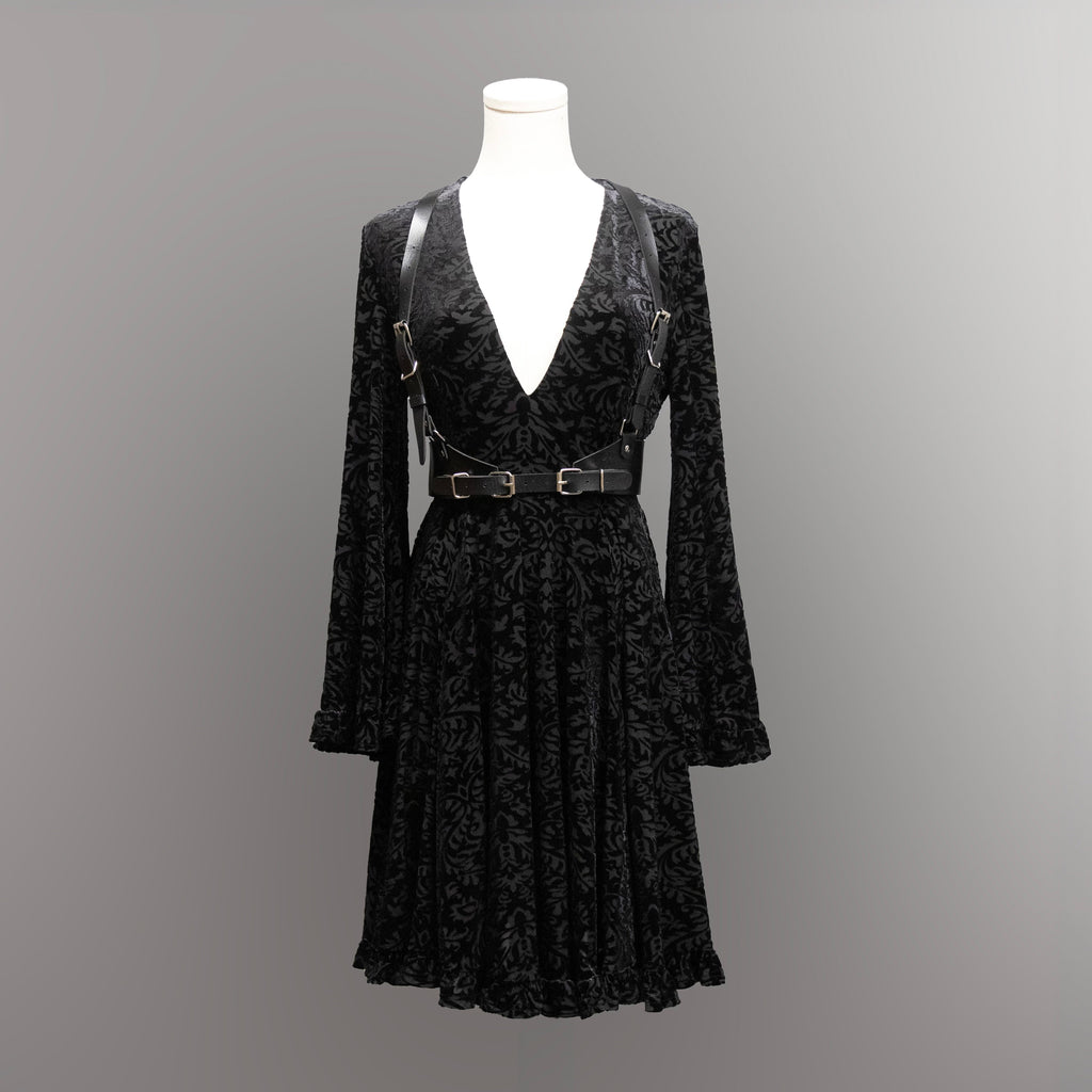 Nyx - Bell Sleeved Velvet Damask Dress with Harness