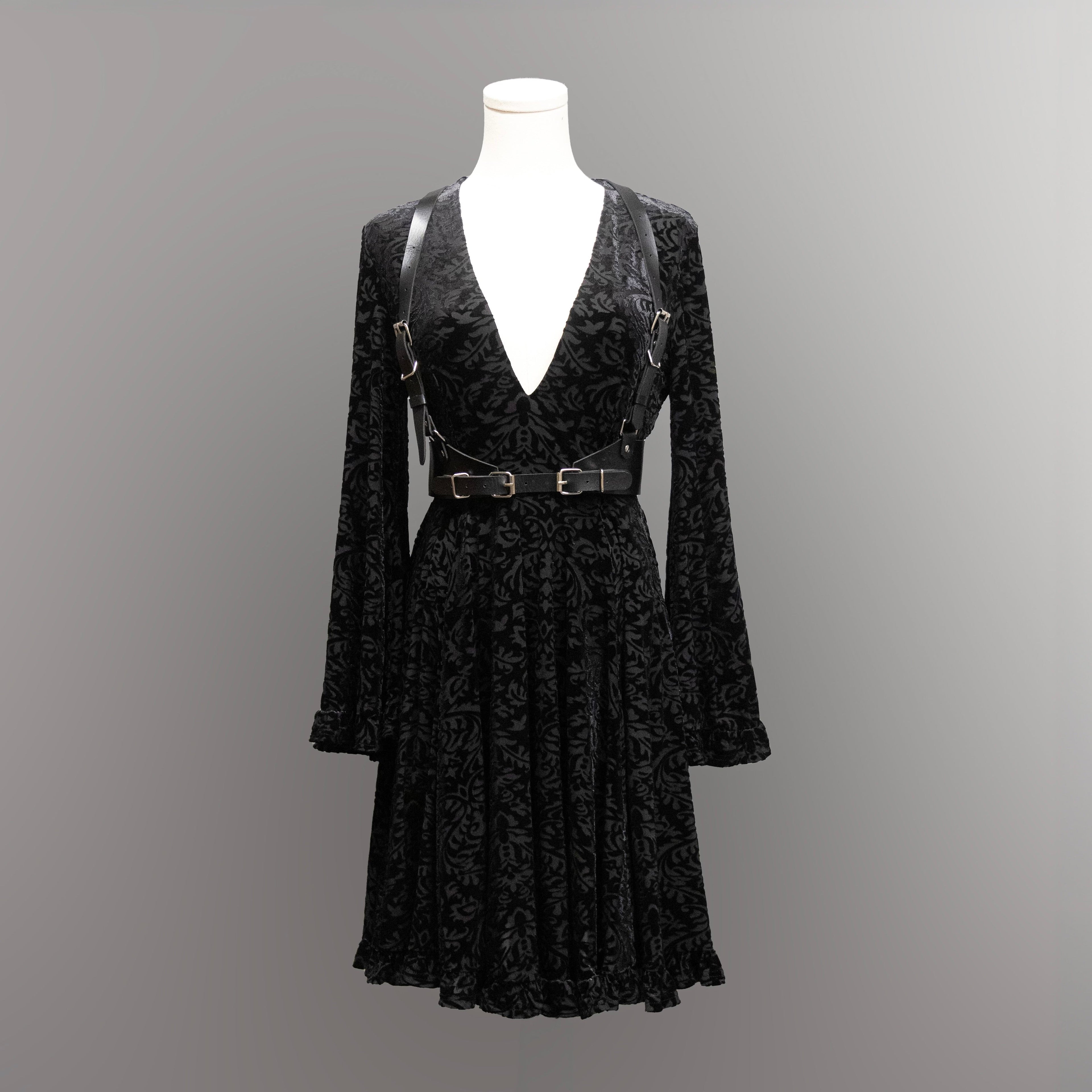 Nyx - Bell Sleeved Velvet Damask Dress with Harness